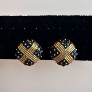 Black and Gold Tone Vintage Clip Earrings